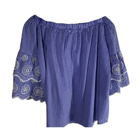 Rebellion Blue Striped Peasant Blouse Women’s Large Off Shoulder Bell Sleeve - Picture 6 of 9